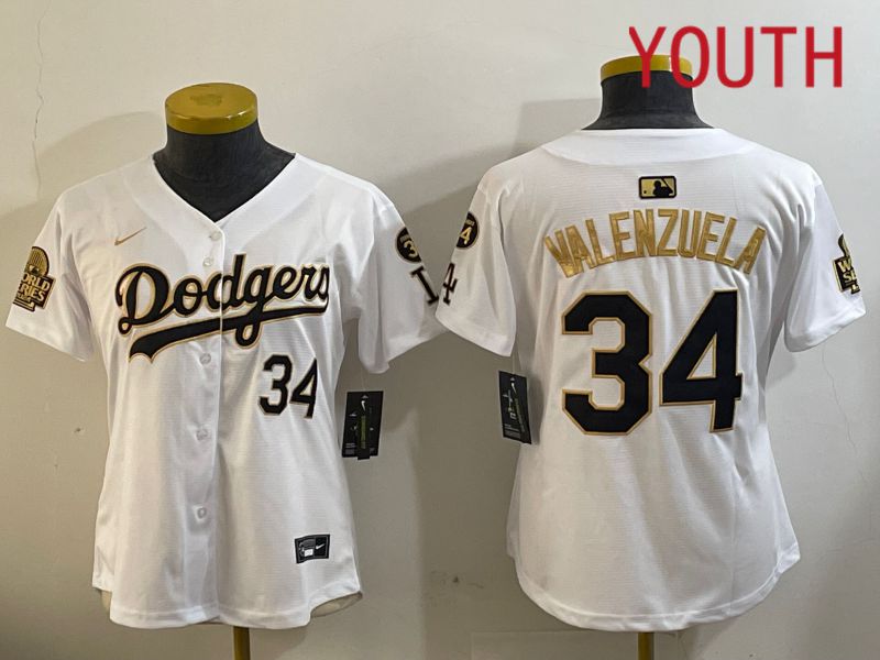 Youth Los Angeles Dodgers 34 Valenzuela 2024 World series patch white jersey 202411201